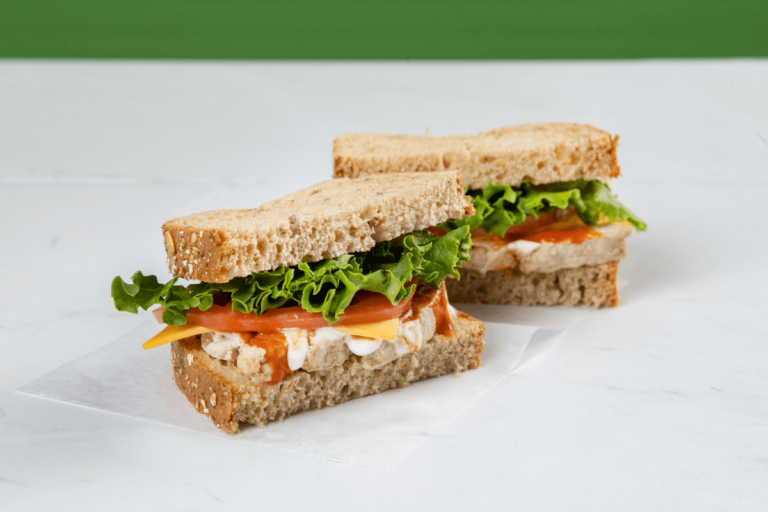 Photo of a sliced sandwich.